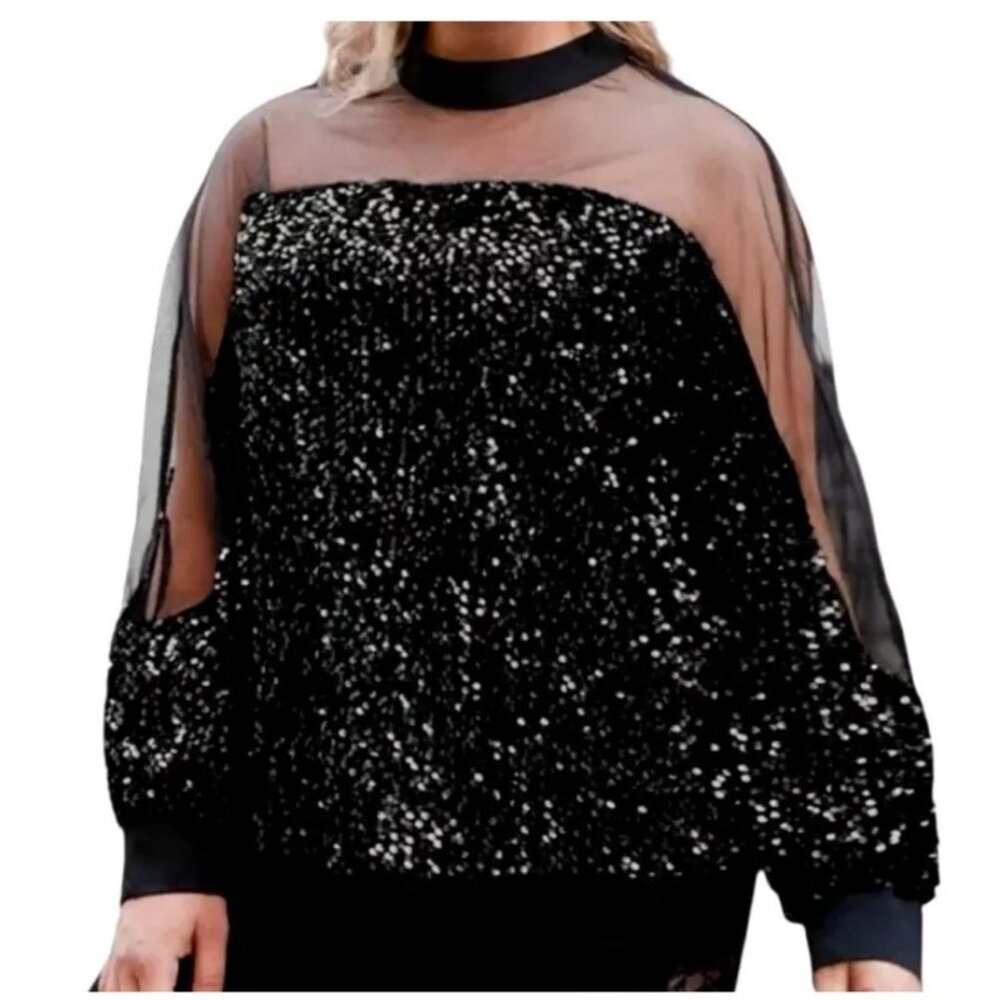 Nine West Womens Mesh Sheer Sequin Bling Long Sleeve Top Black 1X US Size 20/22